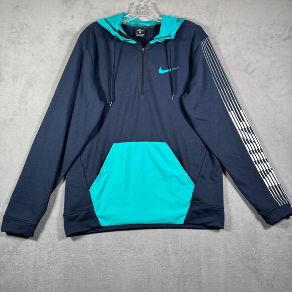 Nike Training Hoodie Mens S Blue Colorblock Graphic Arm Logo 1/4 Zip Sweatshirt - Picture 1 of 10